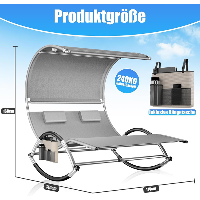 Кесер® Подвійна шезлонг для відпочинку з сонцезахисним дахом, подушкою для голови та кишенею для 2 осіб, садова шезлонг, 240 кг, сірий