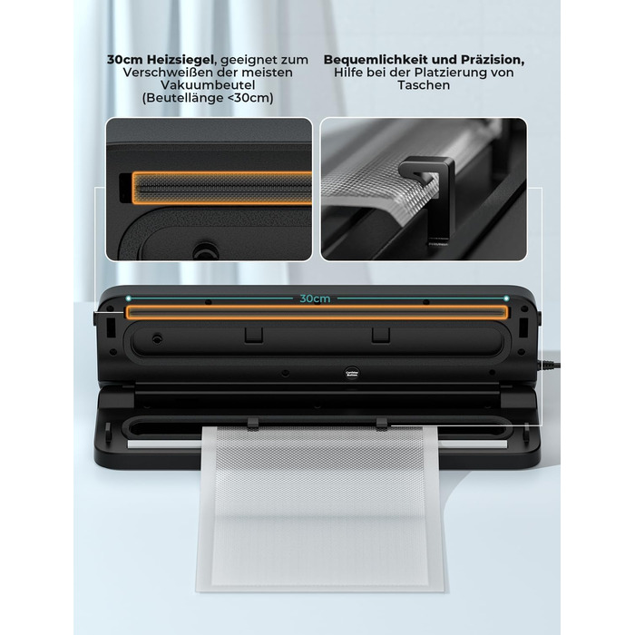Вакууматор 5 в 1 для продуктів, вакуумний пакувальник з 10 пакетами та шлангом, пристрій для запаювання пакетів (шов 30 см)