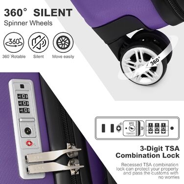 KONO Чемодан-валіза ручної поклажі, 55x35x22 см, 3 шт. (фіолетовий) з TSA-замком та подвійними коліщатками для подорожей та бізнесу