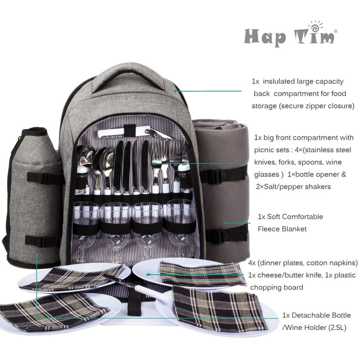 Рюкзак для пікніка Hap Tim на 4 особи з термокишенею, підставкою для пляшок/вина, флісовою ковдрою, тарілками та набором столових приборів. Ідеально для відпочинку на природі, спорту, походів, кемпінгу та грилів. (EU-3065, Сірий)