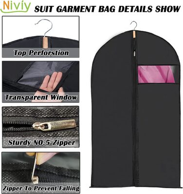 Сумка для одягу Niviy, костюм з 6 предметів, високоякісна сумка для одягу, прозора дихаюча тканина 60x100 см, для костюмів, пальто, піджаки, сорочки, вечірні сукні, сумка для костюмів, чохол для одягу (повністю чорний, 60X100 см)