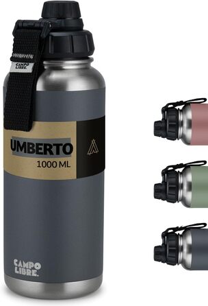 Пляшка для води з нержавіючої сталі Umberto I преміум-класу 1 л, 2 л, 400 мл Пляшка-термос, ізольована пляшка для води Герметична вакуумна колба Газований підходить Можна мити в посудомийній машині 1000 мл Deep Grey