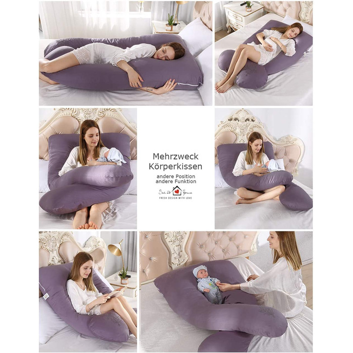 Подушка для вагітних SALAD HOUSE U-подібна подушка для вагітних бічна подушка для сну Подушка для зберігання зі знімним і миється дизайном з 100 бавовни 320tc з вишивкою (лавандова Аура, 140 х 80 см) лавандова Аура 140 х 80 см