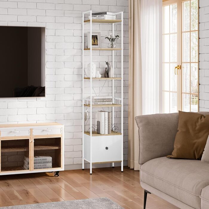 Стелаж WOLTU з 5 полицями та 2 висувними ящиками, 63x187x30 см, світлий дуб + білий