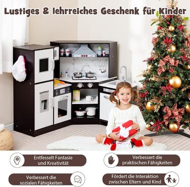 Дерев'яна дитяча кухня DREAMADE з аксесуарами (16 шт.), кухонний кутовий набір з плитою, духовкою, мийкою та дощечкою, ігровий кухонний набір з підсвіткою та звуком для дівчаток віком від 3 років (колір: коричневий)