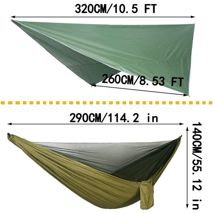Набір кемпінгових гамаків, одинарний двомісний гамак, москітна сітка, сітка від комах, дощовик, підвісне ліжко з парашутної тканини високої міцності. Підходить для активного відпочинку, походів, кемпінгу, подорожей (зелений)