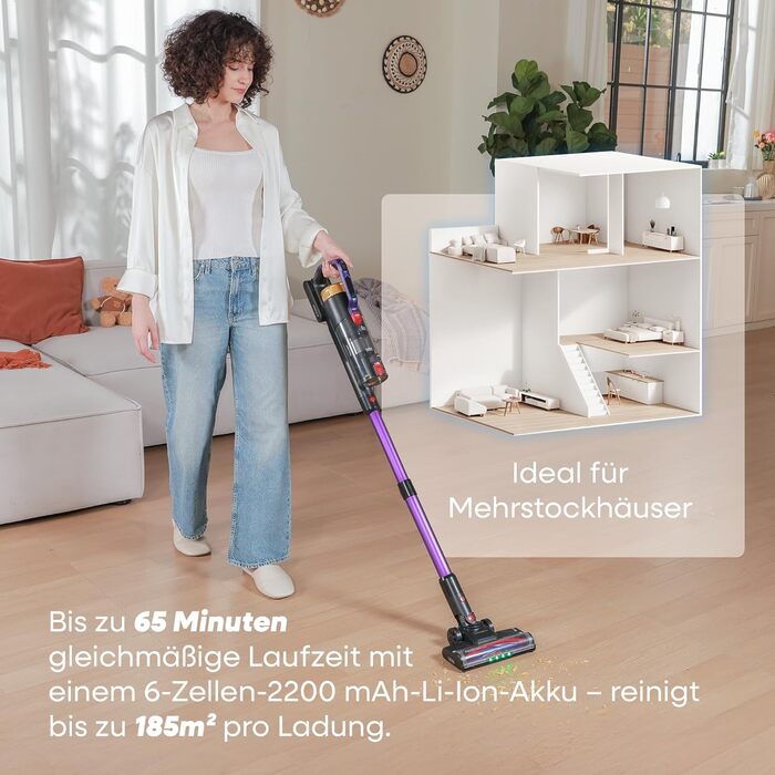 Бездротовий акумуляторний пилосос UNINELL HOME 48000Pa, 550W, 65 хвилин роботи, LED-дисплей, антизаплутувальна щітка, тиха робота, для килимів, твердих підлог та шерсті тварин (фіолетовий)