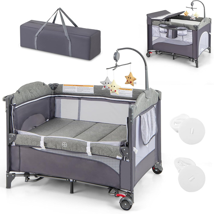 Детское путешествие: дорожное детское ложе DREAMADE 5-в-1 с матрасом, колесами, пеленальной доской и музыкальной шкатулкой, 110x76 см, с сумкой для переноски, для новорожденных и малышей (Зеленый)