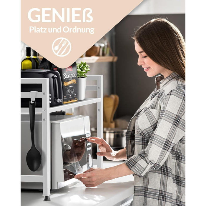 Стійка для мікрохвильової печі та кухонні полиці з нержавіючої сталі, 2-ярусна | Стійка для мікрохвильовки, полиця для зберігання, полиця для пекаря, регульована висота та довжина | З інструкцією у відеоформаті та гачками (Білий)