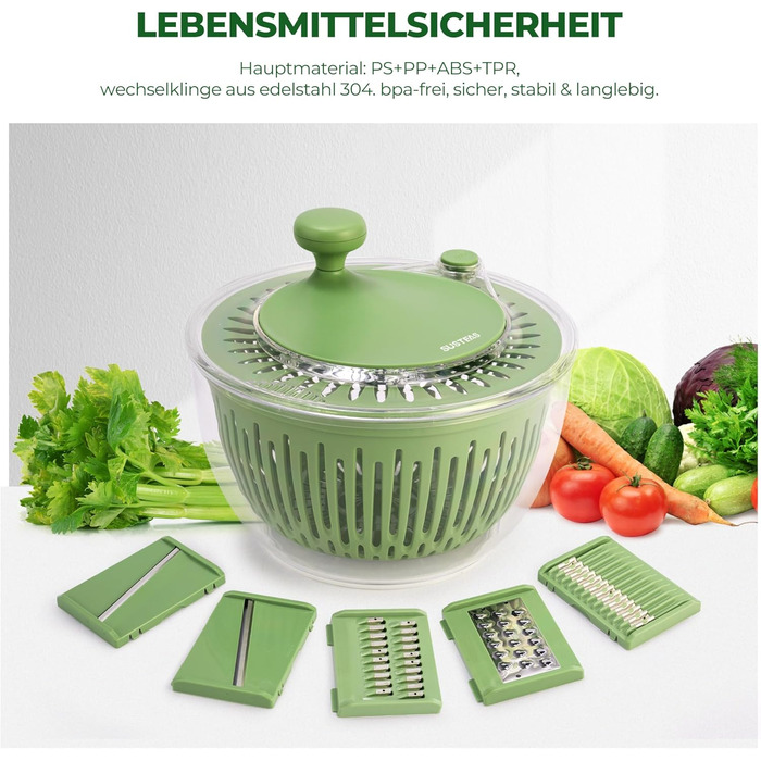 SUSTEAS Салатниця-швидкокрутка 4.5л з кришкою, чаша для салату з 5-лопатевим ножем, механізм Kubelantrieb та сепаратор для яєць – для миття, сушіння та нарізання салату, овочів, фруктів