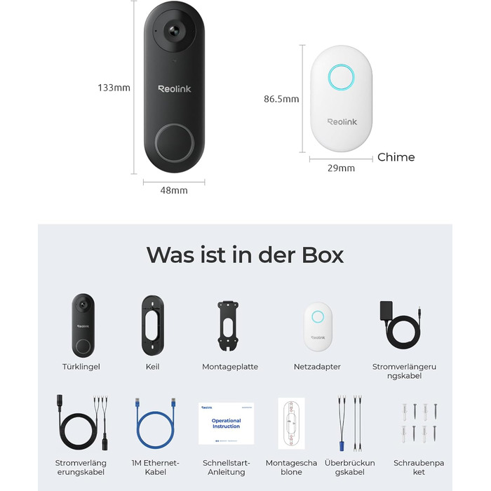Відеодзвінок Reolink з додзвоном, 5MP Ultra HD, кабельний, Wi-Fi, розпізнавання осіб, 180° широкий кут, 2-сторонній аудіо, віддалений доступ