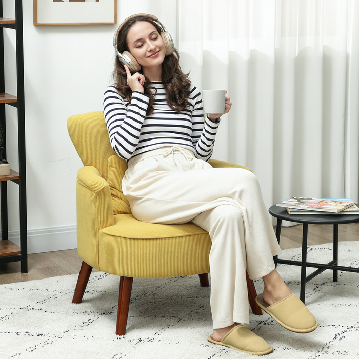 HOMCOM Сучасне крісло з підлокітниками, акцентне м'яке крісло з підтримкою попереку, ніжки з каучукового дерева, жовте