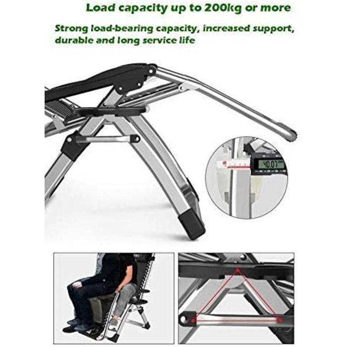 Розслаблюючий шезлонг для відпочинку на сонце: складний, з підтримкою 200 кг, чорний з сірими подушками. Ідеально для саду, тераси, пляжу, кемпінгу та відпочинку вдома.