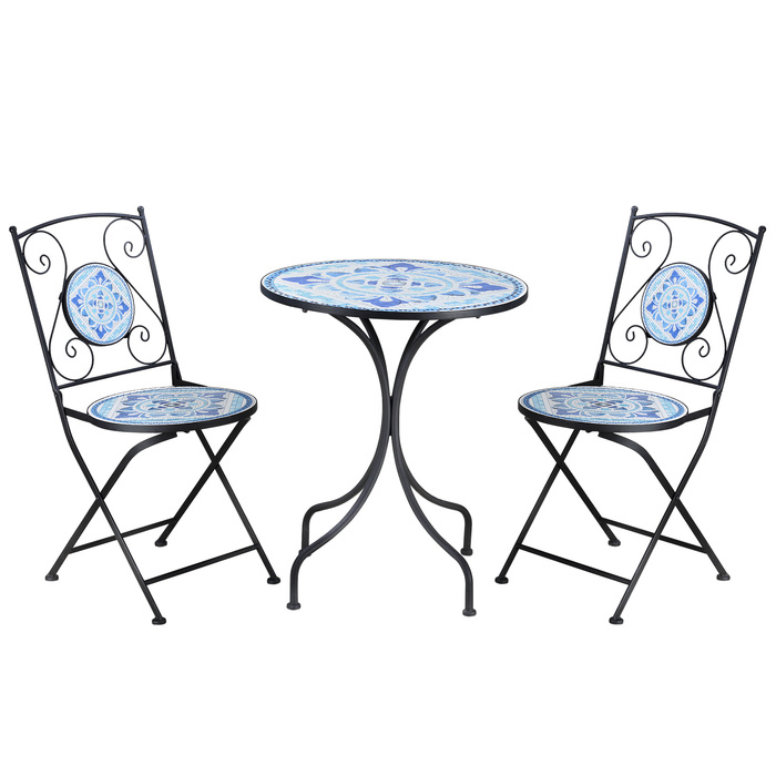 Набір бістро Outsunny Garden Seating Group на 2 особи Ø 61 см з 1 столом і 2 складними стільцями зі сталі в синьому кольорі