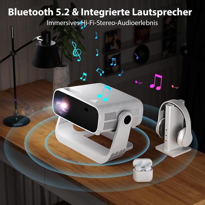 Розумний проєктор Beamer 4K Full HD 1080P, 25000 люмен, Android 11, WiFi 6, BT 5.2, обертовий штатив, для домашнього кінотеатру, сумісний з iOS/Android/Laptops, чорний