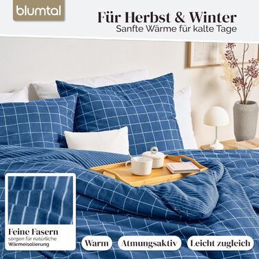Комплект постільної білизни Blumtal Biber 200x200 см + 2x 80x80 см, бавовна, фланель, Oeko-Tex, ультра м'яка, для зими, з ефектним двостороннім дизайном, тауп (синій візерунок)