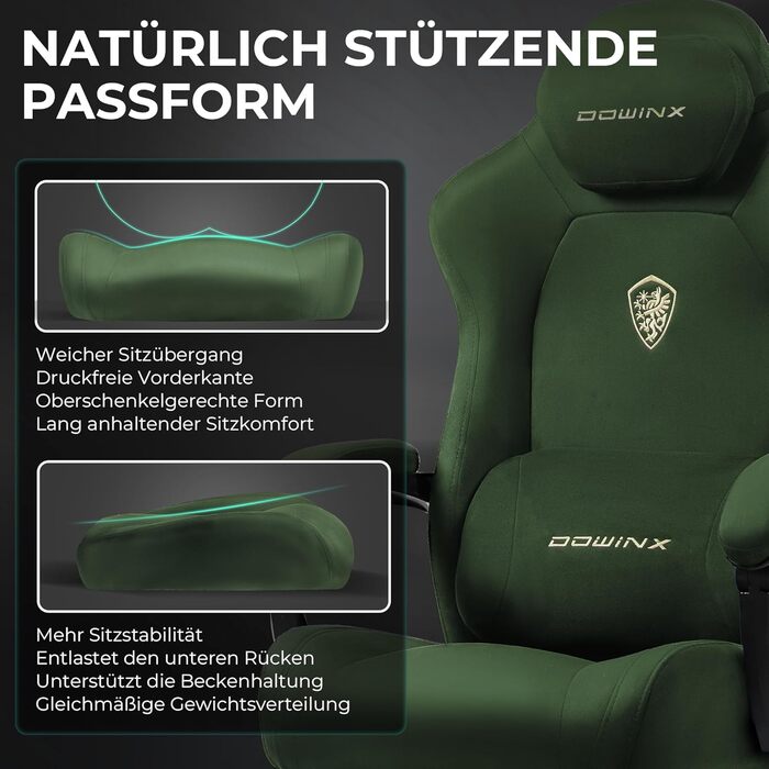 Ігрове крісло Dowinx з масажем попереку, регульованою підголівником, потовщеним сидінням, висувною підніжкою, регульованими підлокітниками, мікрофіброю велюром, нахилом 160°, (зелене)