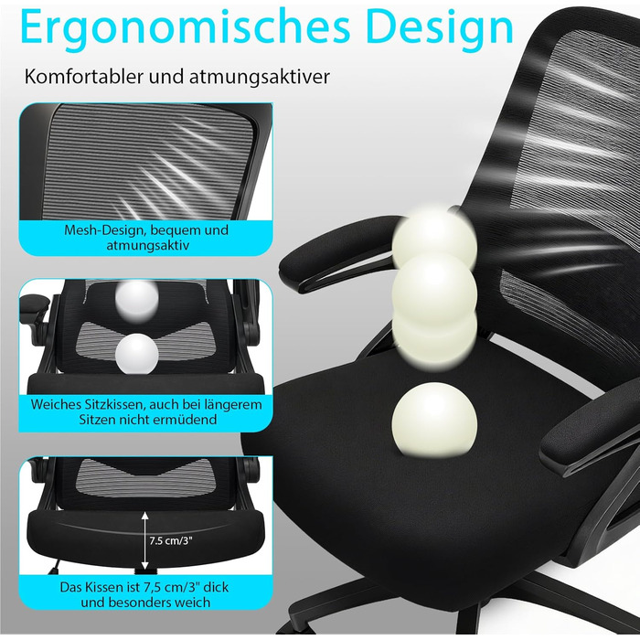 Ергономічне крісло для офісу, комп'ютерне крісло з регульованою 4D поперековою підтримкою, поворотне крісло з відкидними підлокітниками, крісло з функцією нахилу 90°-125°, сітчасте крісло до 130 кг, чорне