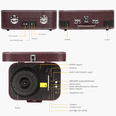 Вініловий програвач з динаміками, Bluetooth 5.4, USB, ретро-валізка, 33/45/78 об/хв, RCA/AUX, червоний