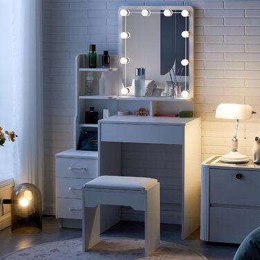 Тюльпанний туалетний столик TUKAILAI з LED-підсвічуванням та пуфом, дзеркало з 3 кольорами, компактний столик для макіяжу з шухлядою та відкритими полицями, 87x40x149 см