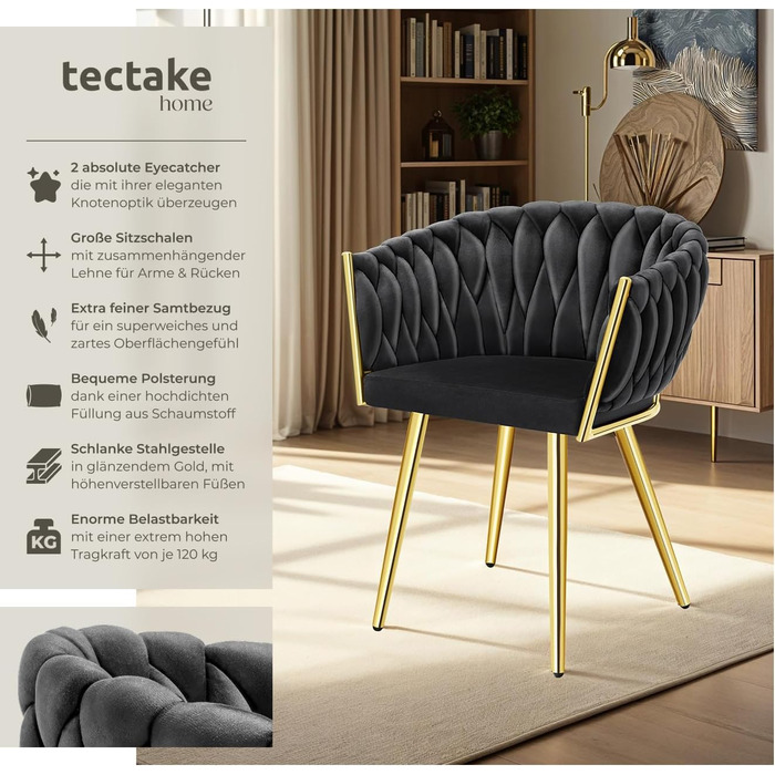 Крісла tectake® з оксамиту, комплект 2 шт., чорний/золотий, для вітальні, їдальні, туалетного столика