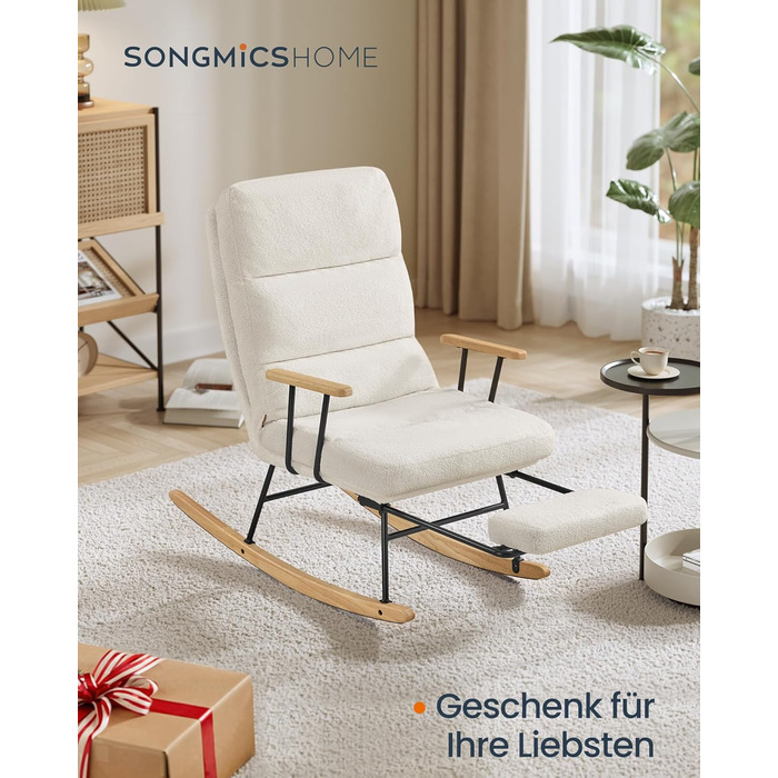 Крісло-гойдалка SONGMICS HOME з дерева каучука, флісова оббивка, регульована спинка, до 160 кг, для спальні/вітальні, LYY016LJ01 (кремовий)