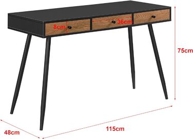 Письмовий стіл Tumba 115x48x75см з 3 висувними ящиками Офісний стіл Комп'ютерний стіл Стіл Металевий каркас Чорний/темний дерев'яний тон