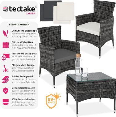 Комплект садових меблів із поліротанга tectake®, 2 крісла з підлокітниками та змінними чохлами, стіл зі скляною стільницею, балконні меблі, сірі