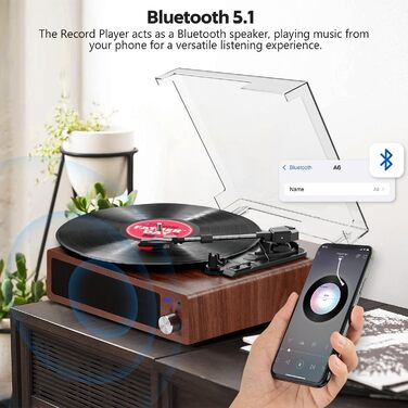Вініловий програвач FYDEE з Bluetooth, ретро-програвач пластинок із вбудованими стереодинаміками, 3 швидкості (33/45/78 об/хв), RCA-вихід, AUX-вхід, корпус з горіха