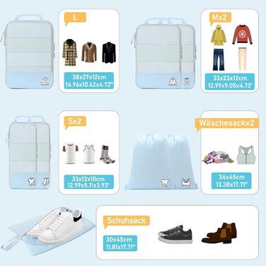 Набір компресійних органайзерів для подорожей Packing Cubes, 8 предметів, для валізи та рюкзака, світло-блакитний