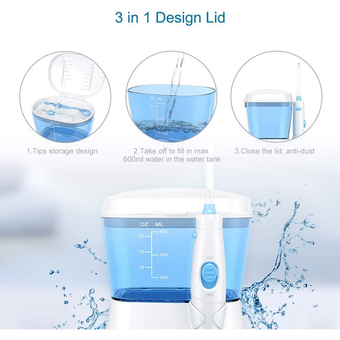 Електричний ірригатор для порожнини рота TUREWELL з 10 рівнями тиску та 8 насадками, IPX7, 600 мл, для дому (відбілювання)