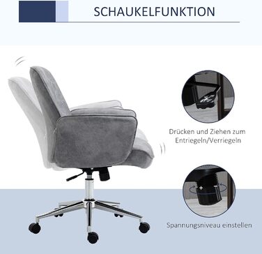 Крісло Vinsetto для офісу та дому: регульоване, поворотне, з функцією гойдання, для робочого кабінету або спальні, сірого кольору (до 120 кг)