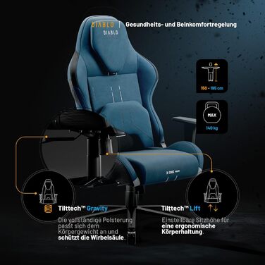 Ігровий крісло Diablo Gaming X.One Prime з підголівником та системою охолодження. Міцний металевий каркас, регульовані підлокітники. Макс. навантаження 140 кг.
