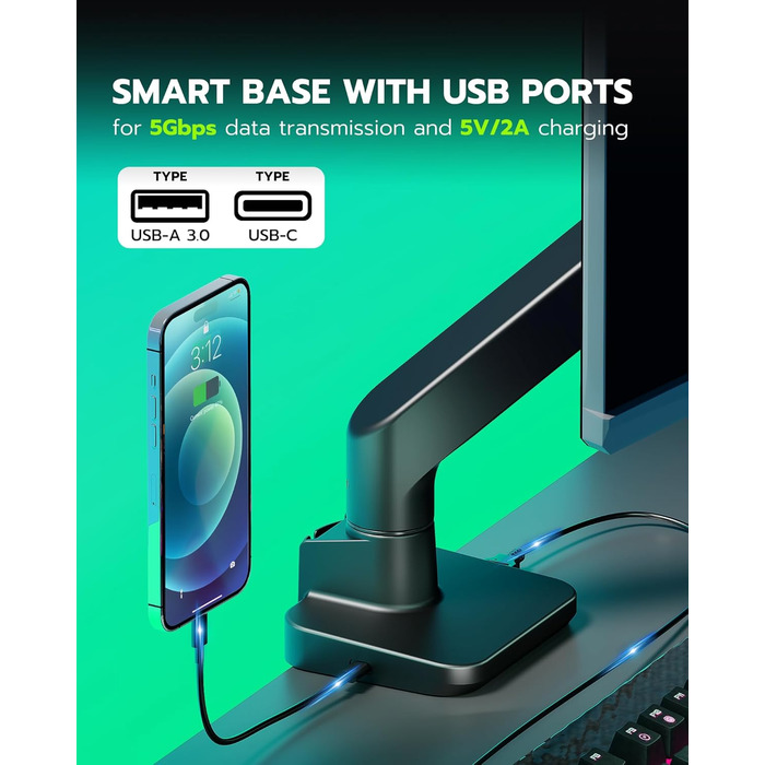Кріплення для монітора ARES WING з USB A/C, кріплення для монітора, 17-49 дюймів, вантажопідйомність 20 кг, газ-амортизатор, VESA 75/100 мм, чорний