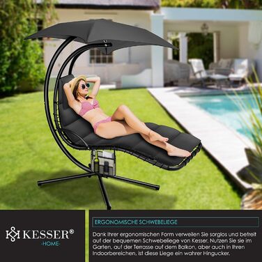 Кесер® Плетене крісло-гойдалка з сонцезахисним козирком, 194x100 см, до 120 кг, з подушкою для шиї та сумкою, антрацит