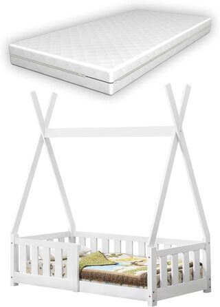 Дитяче ліжко Helsingborg з матрацом 70x140см Біле із захистом від падіння в дизайні tipi з деревини сосни Молодіжне ліжко Ліжко Дерев'яне ліжко Ліжко будиночок