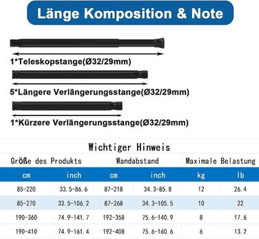 Штанга для душу без свердління, телескопічна, висувна, 85-270 см, діаметр 32 мм, для ванної кімнати/спальні, срібна