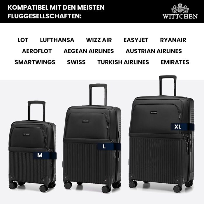 Набір валізWITTCHEN AXIS 3 шт. | Чемодани ручної/переносної розмірності M, L | Гібрид ABS Nylon з кишенями на блискавці, TSA-замок, телескопічна ручка, 360° колеса, легкі, чорні (55 x 37 x 21,5 см)