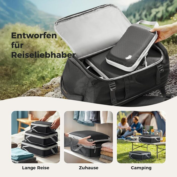 Набір органайзерів для валізи та рюкзака з компресією, водонепроникні пакувальні куби для подорожей, 8 предметів, чорний