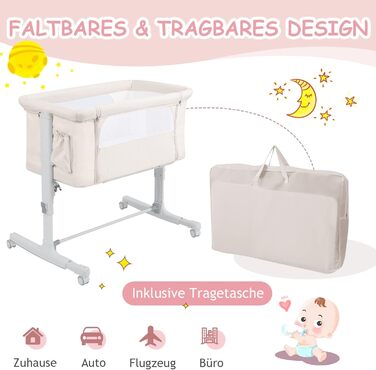 Дитяче ліжко-гойдалка Dreamade 2 в 1 з регулюванням висоти, 86 x 63 см, для новонароджених до 9 кг, з матрацом та колесами, похил 10° (Бежевий)