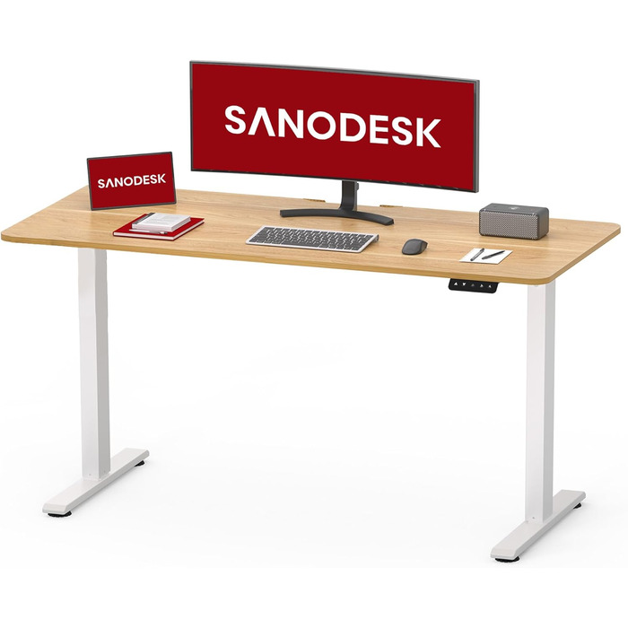 Регульований стіл Sanodesk 110x60 см з суцільною стільницею – компактний стоячий стіл для маленьких приміщень, ергономічний та стильний, білий (100 x 60 см, горіх)