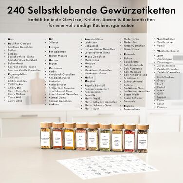 Набір скляних баночок для спецій кутовий (24 x 120 мл) з бамбуковими кришками. Включає ситечко для сипучих продуктів та 240 етикеток. Організатор спецій, 11x4,5 см.