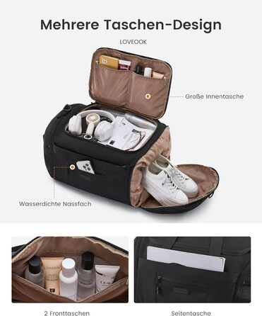 Спортивна сумка LOVEVOOK для жінок та чоловіків, велика сумка для тренувань та подорожей, 45L, з відділенням для взуття та мокрих речей, водонепроникна, з функцією рюкзака, чорна (51x28x32 см)