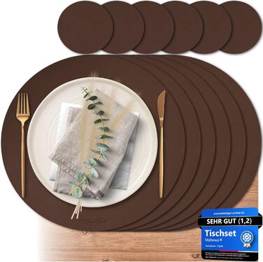 Набір Mahewa® з 6 преміум-підставників для столу з штучної шкіри - 6 шт. - Миючі та водонепроникні підставки під тарілки в шкіряному стилі (Овальні з тримачем) (Горіх, Круглі)