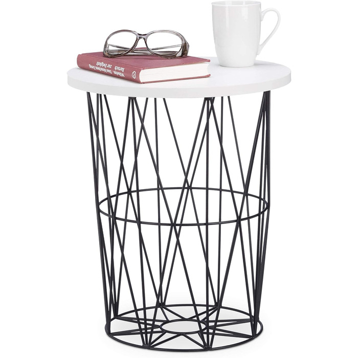 Біло-чорний круглий журнальний столик з металевим кошиком, декоративний журнальний столик, стіл для вітальні сучасний, висота 45 см, (Дизайн А)