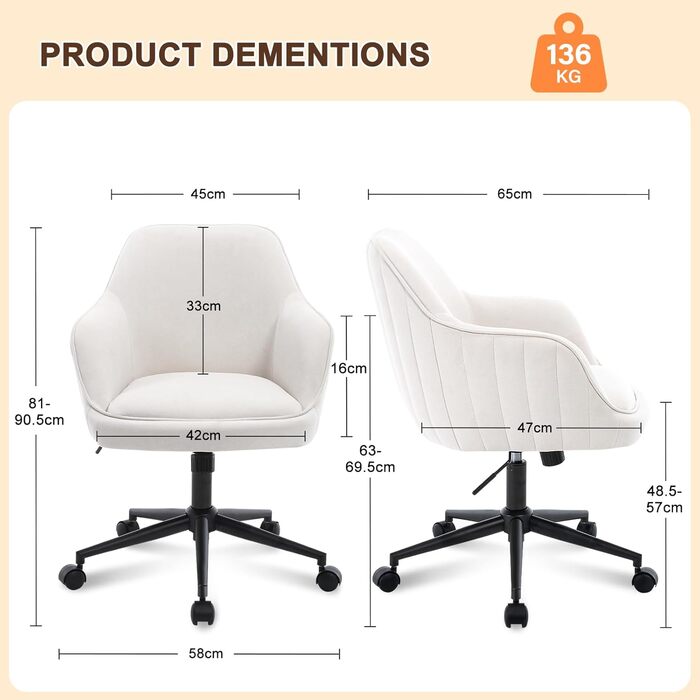 Офісне крісло BERYTH для дому та офісу, з велюру, до 136 кг, регульоване по висоті, поворотне на 360°, з м'якими роликами, для навчання, спальні, домашнього офісу, біле