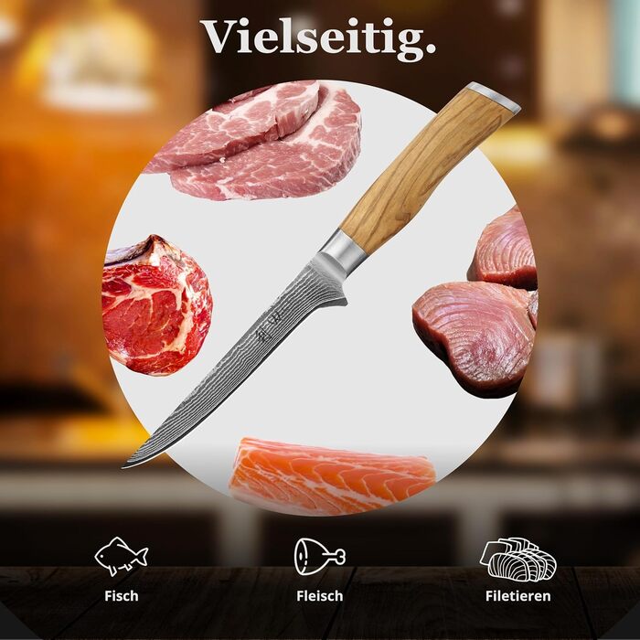 Ніж кухарський Wakoli з дамаської сталі (серцевина VG10) з 20 см лезом – гострий та збалансований – ніж з ручкою з оливкового дерева в подарунковій коробці – ніж кухарський з дамаської сталі для професійних та аматорських кухарів (ніж для обробки м'яса)