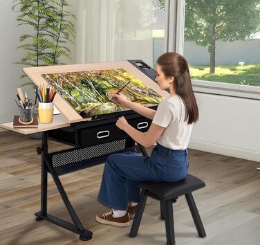 Регульований стіл для малювання, мольберт для художників, стіл для малювання з нахиленою поверхнею 0-80°, стіл для творчості з ящиками для дітей та дорослих