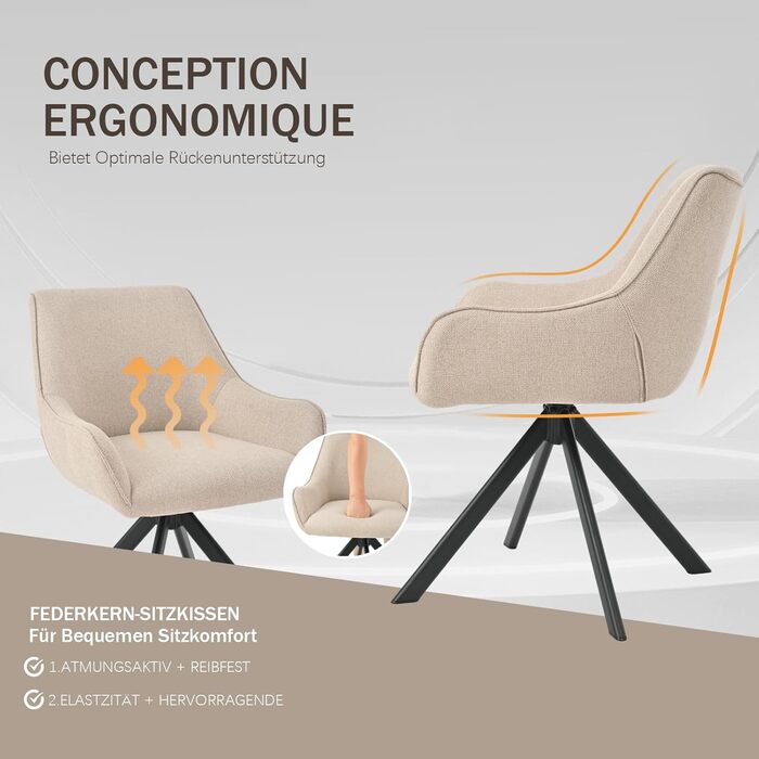 Набір обідніх стільців 6 шт. з підлокітниками, поворотні на 360°, з м'яким сидінням з льону, сучасний дизайн, металевий каркас, для кухні, вітальні, офісу, бежевий, 6 шт.