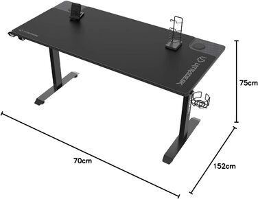 Ігровий стіл ULTRADESK Momentum, килимок розміру XXL, підставка для мобільного телефону, підстаканник, до 130 кг, чорний, 152.5x70 см